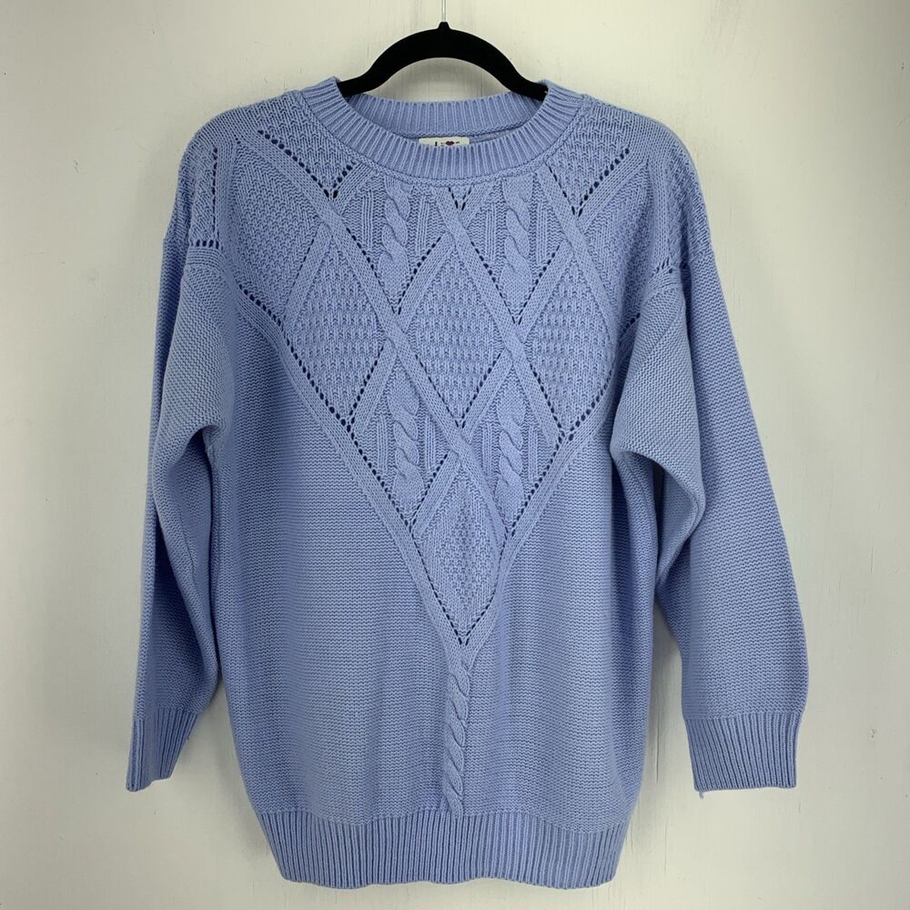 Vintage Alberoy Womens Large Cable Knit Crewneck Sweater USA 90’s Fisherman Blue